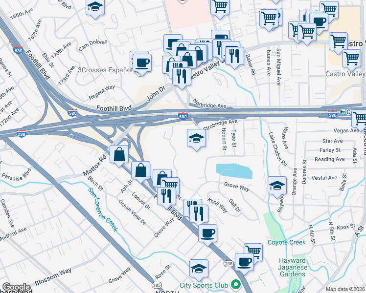 map of restaurants, bars, coffee shops, grocery stores, and more near 21062 Gary Drive in Hayward