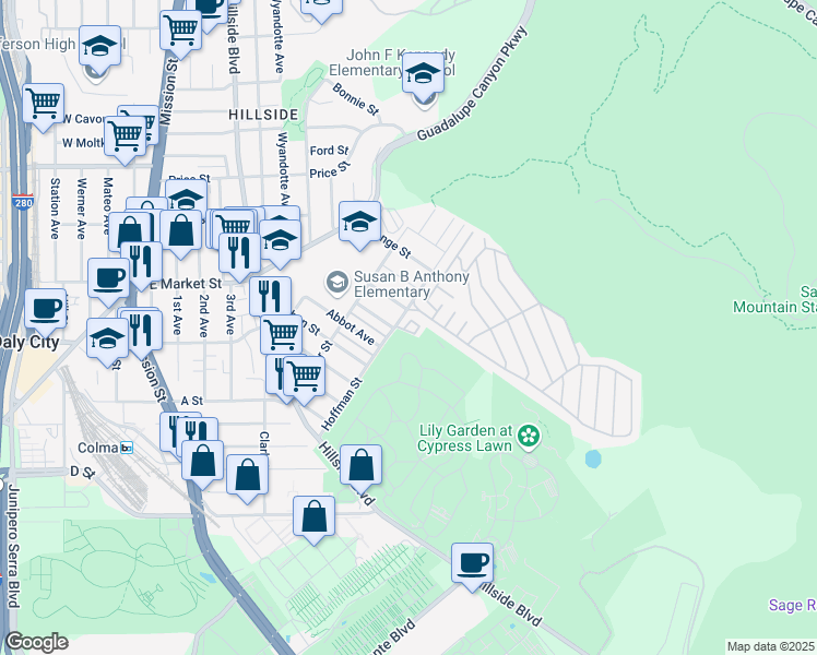 map of restaurants, bars, coffee shops, grocery stores, and more near 302 Hoffman Street in Colma