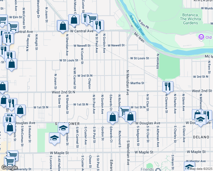 map of restaurants, bars, coffee shops, grocery stores, and more near 324 North Gordon Street in Wichita