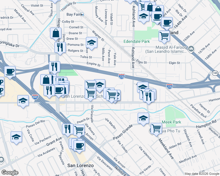 map of restaurants, bars, coffee shops, grocery stores, and more near 50 East Lewelling Boulevard in San Lorenzo