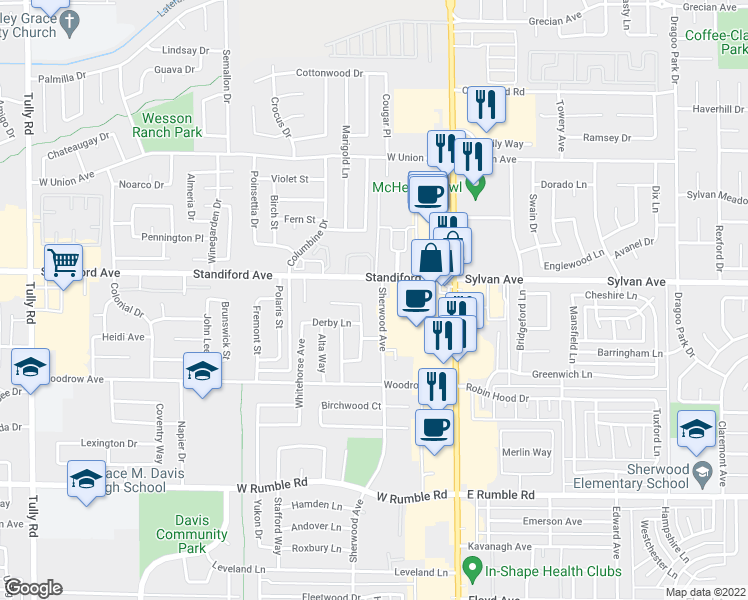 map of restaurants, bars, coffee shops, grocery stores, and more near 3425 Sherwood Avenue in Modesto