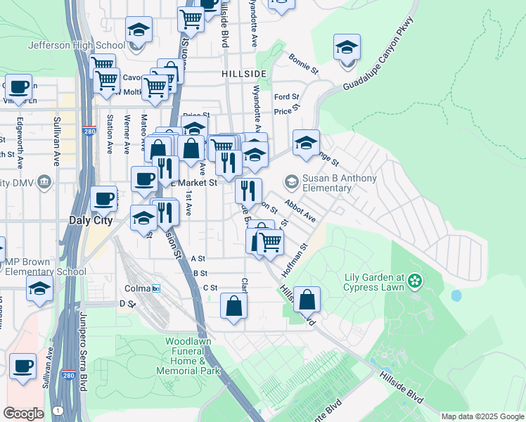 map of restaurants, bars, coffee shops, grocery stores, and more near 542 Lisbon Street in Daly City