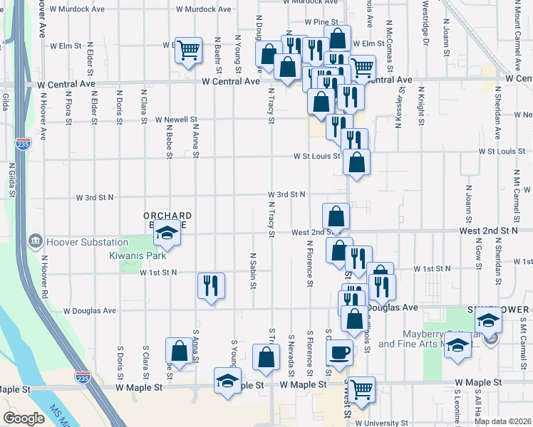 map of restaurants, bars, coffee shops, grocery stores, and more near 4433 West 3rd Street North in Wichita