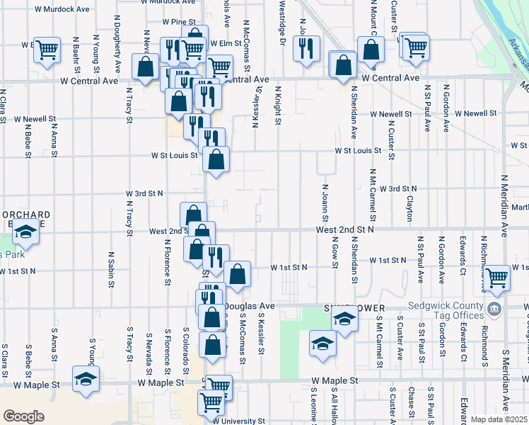 map of restaurants, bars, coffee shops, grocery stores, and more near 355 North Knight Street in Wichita
