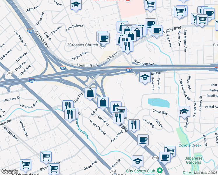 map of restaurants, bars, coffee shops, grocery stores, and more near 21109 Gary Drive in Hayward