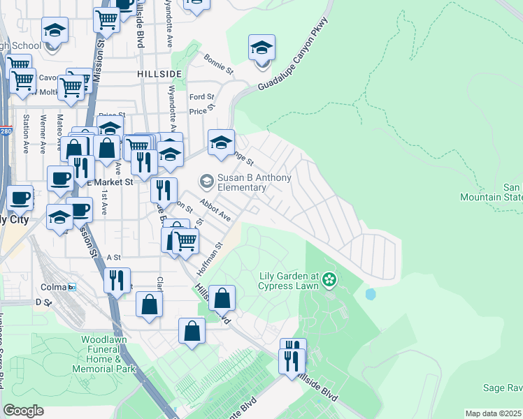 map of restaurants, bars, coffee shops, grocery stores, and more near 4 Cannery Square in Daly City