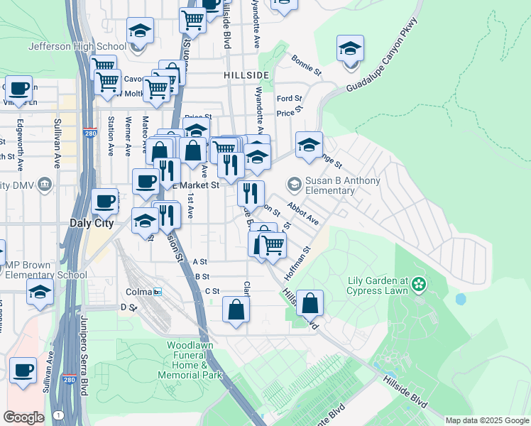 map of restaurants, bars, coffee shops, grocery stores, and more near 542 Lisbon Street in Daly City