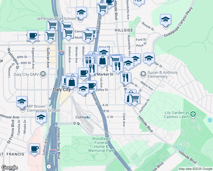 map of restaurants, bars, coffee shops, grocery stores, and more near 241 2nd Avenue in Daly City