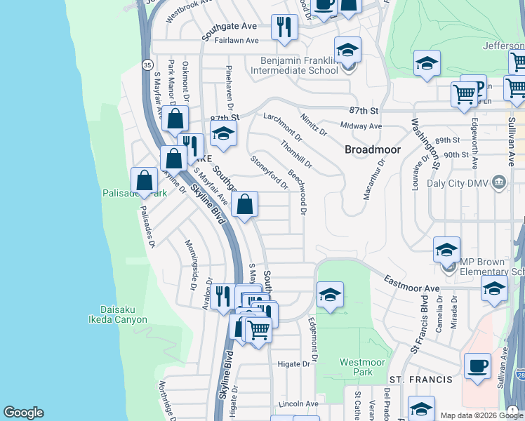 map of restaurants, bars, coffee shops, grocery stores, and more near 43 Montrose Avenue in Daly City