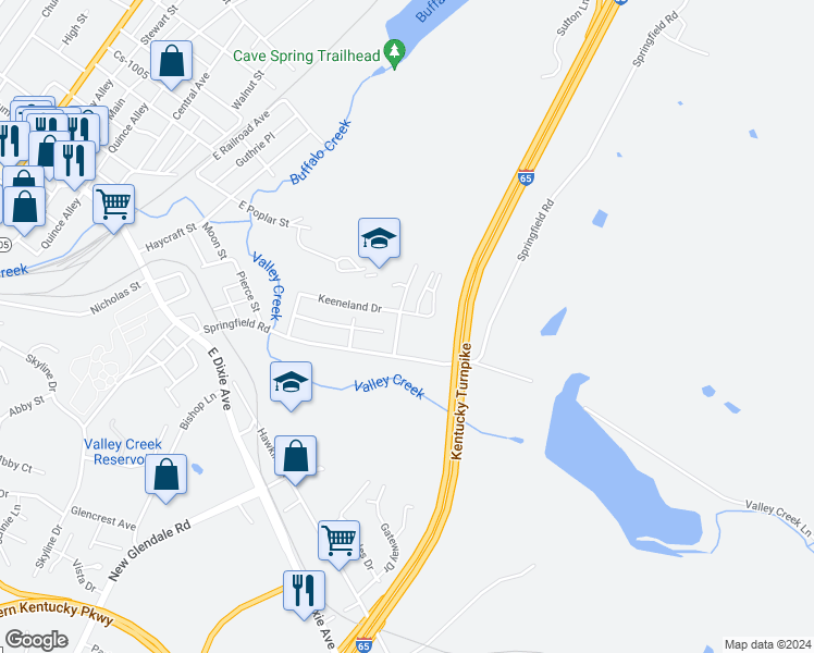 map of restaurants, bars, coffee shops, grocery stores, and more near 100 Keeneland Drive in Elizabethtown