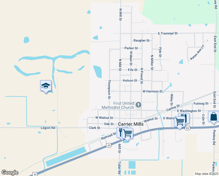 map of restaurants, bars, coffee shops, grocery stores, and more near 401-499 North Thompson Street in Carrier Mills