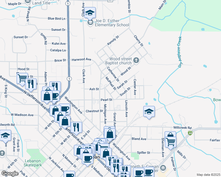 map of restaurants, bars, coffee shops, grocery stores, and more near 550 Wood Street in Lebanon