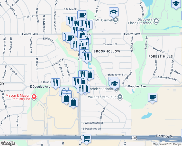 map of restaurants, bars, coffee shops, grocery stores, and more near Unnamed Road in Wichita