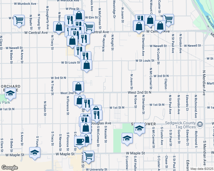 map of restaurants, bars, coffee shops, grocery stores, and more near 355 North Knight Street in Wichita