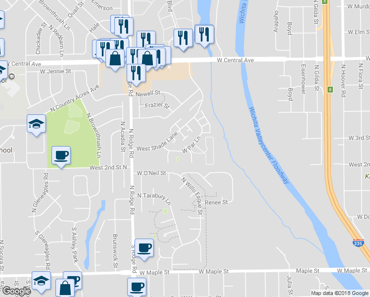 map of restaurants, bars, coffee shops, grocery stores, and more near 6841 West Shade Lane in Wichita