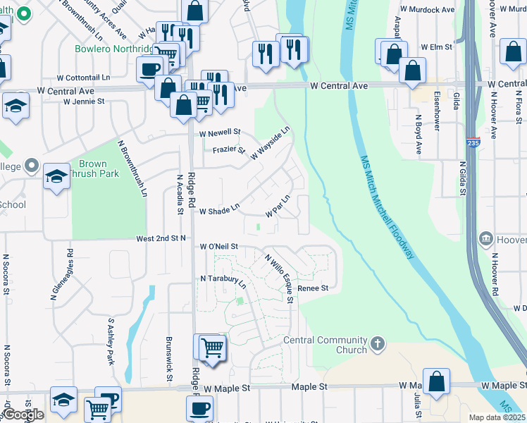 map of restaurants, bars, coffee shops, grocery stores, and more near 6841 West Shade Lane in Wichita