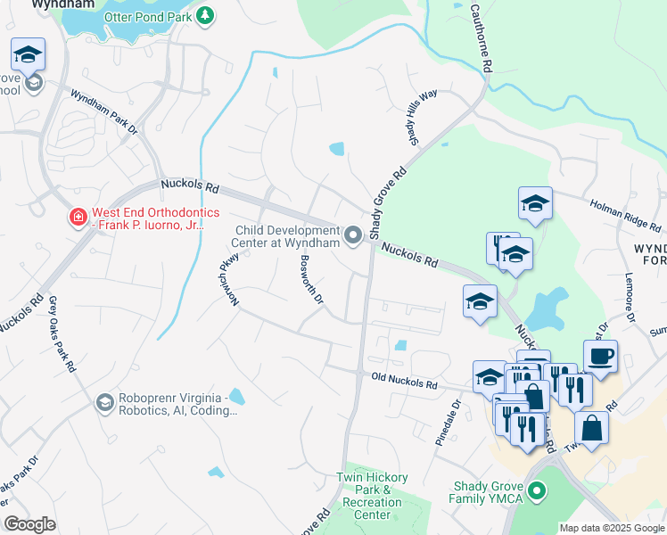 map of restaurants, bars, coffee shops, grocery stores, and more near 11616 Kenilworth Place in Glen Allen
