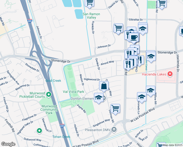 map of restaurants, bars, coffee shops, grocery stores, and more near 4645 Helpert Court in Pleasanton