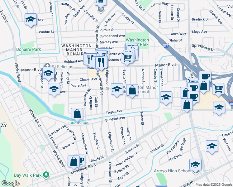 map of restaurants, bars, coffee shops, grocery stores, and more near 1170 Fargo Avenue in San Leandro