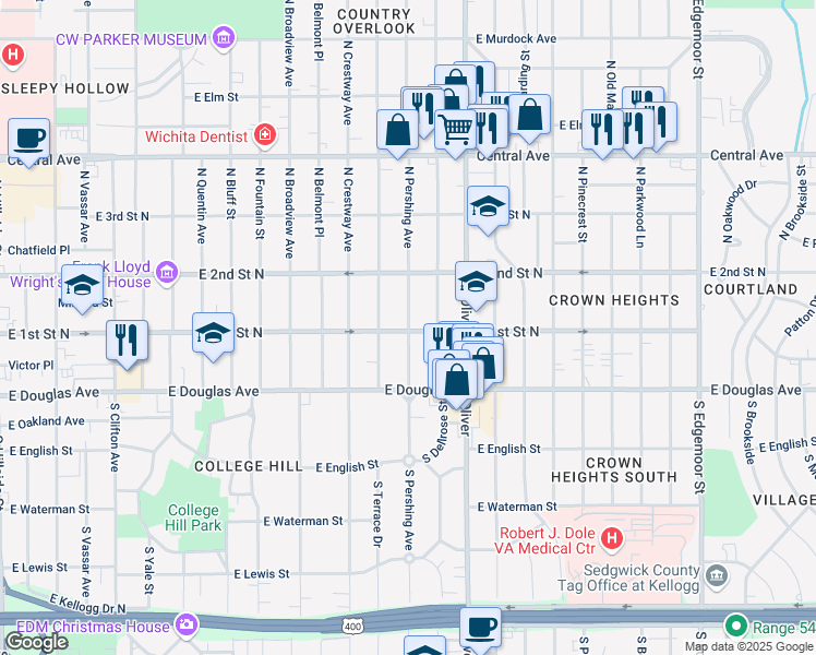 map of restaurants, bars, coffee shops, grocery stores, and more near 205 North Pershing Street in Wichita
