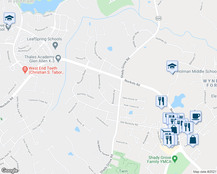 map of restaurants, bars, coffee shops, grocery stores, and more near 11616 Kenilworth Place in Glen Allen