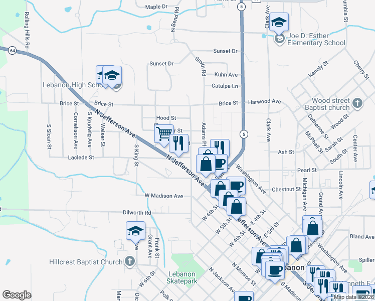 map of restaurants, bars, coffee shops, grocery stores, and more near 435 Curry Street in Lebanon