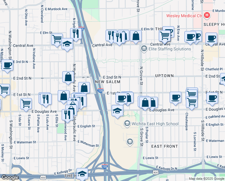 map of restaurants, bars, coffee shops, grocery stores, and more near 225 North Ash Street in Wichita