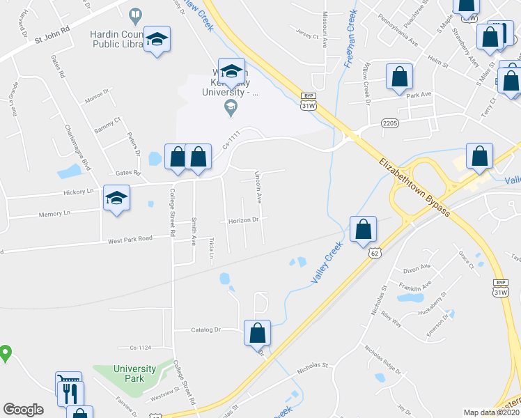 map of restaurants, bars, coffee shops, grocery stores, and more near 505 Lincoln Avenue in Elizabethtown