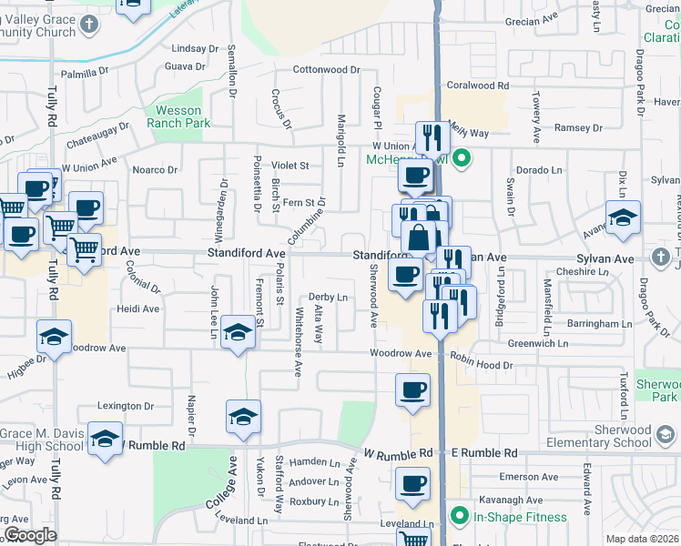map of restaurants, bars, coffee shops, grocery stores, and more near 400 Standiford Avenue in Modesto