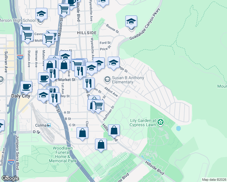 map of restaurants, bars, coffee shops, grocery stores, and more near 906 Wyandotte Avenue in Daly City