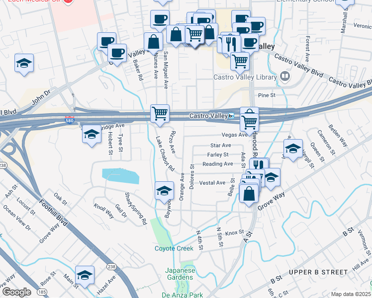 map of restaurants, bars, coffee shops, grocery stores, and more near 2206 Star Avenue in Hayward