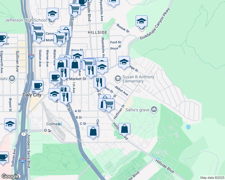 map of restaurants, bars, coffee shops, grocery stores, and more near 570 Abbot Avenue in Daly City