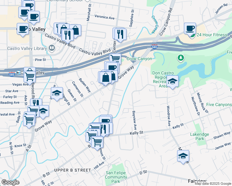 map of restaurants, bars, coffee shops, grocery stores, and more near 22141 Center Street in Castro Valley