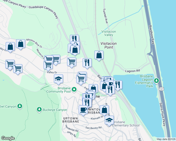 map of restaurants, bars, coffee shops, grocery stores, and more near 3393 Bayshore Boulevard in Brisbane