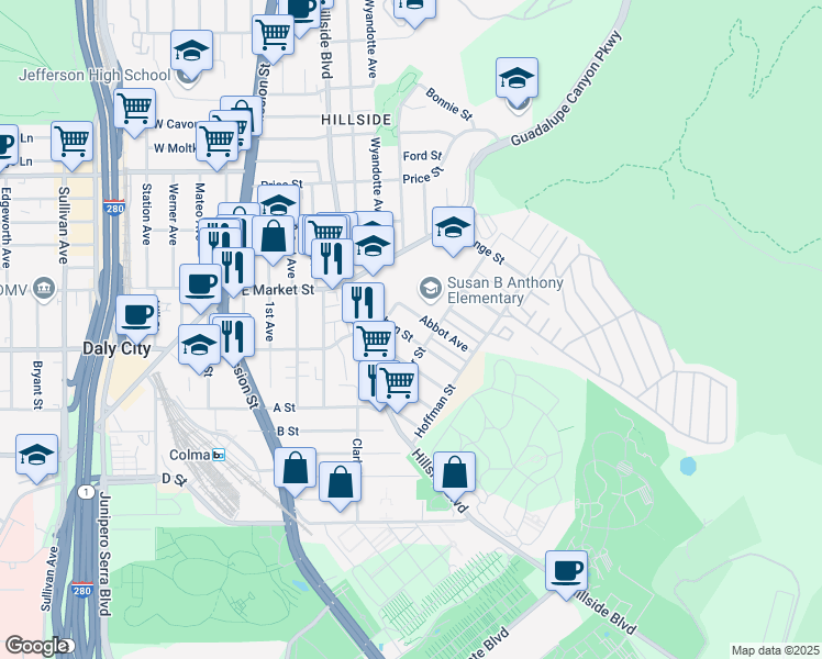 map of restaurants, bars, coffee shops, grocery stores, and more near 570 Abbot Avenue in Daly City
