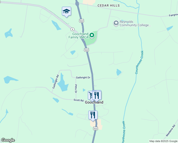 map of restaurants, bars, coffee shops, grocery stores, and more near 3033 River Road West in Goochland