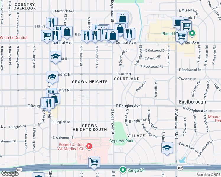 map of restaurants, bars, coffee shops, grocery stores, and more near 220 N Ridgewood Dr in Wichita