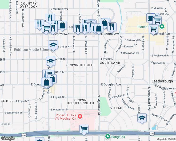 map of restaurants, bars, coffee shops, grocery stores, and more near 220 North Parkwood Lane in Wichita