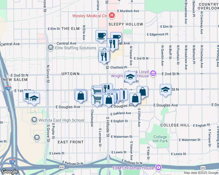 map of restaurants, bars, coffee shops, grocery stores, and more near 223 North Hillside Street in Wichita