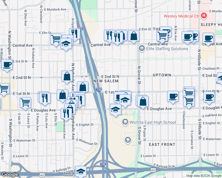 map of restaurants, bars, coffee shops, grocery stores, and more near 225 North Ash Street in Wichita