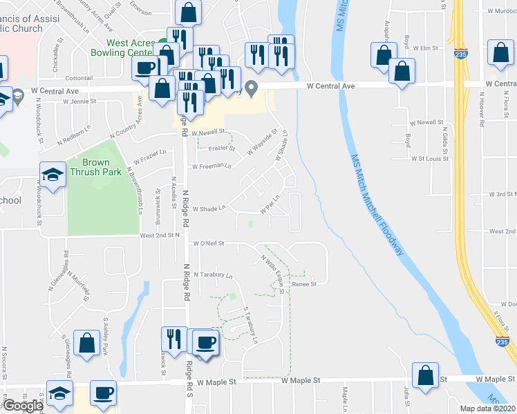 map of restaurants, bars, coffee shops, grocery stores, and more near 6841 West Shade Lane in Wichita