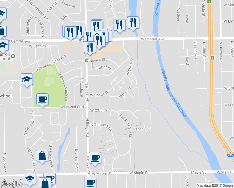 map of restaurants, bars, coffee shops, grocery stores, and more near 6841 West Shade Lane in Wichita