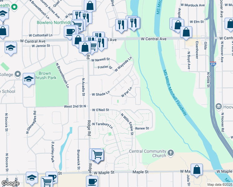 map of restaurants, bars, coffee shops, grocery stores, and more near 6841 West Shade Lane in Wichita