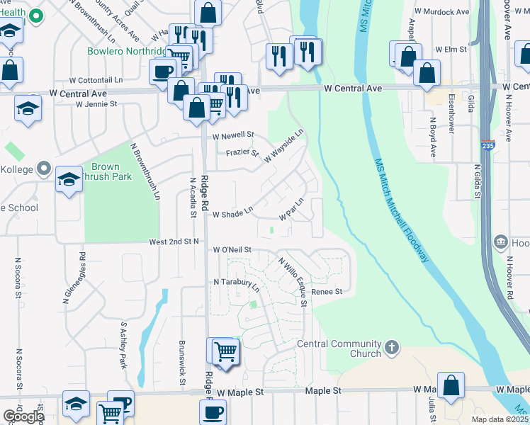 map of restaurants, bars, coffee shops, grocery stores, and more near 6841 West Shade Lane in Wichita