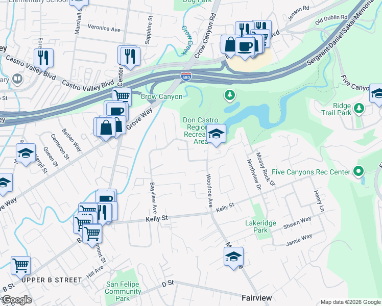 map of restaurants, bars, coffee shops, grocery stores, and more near 2932 Ralston Way in Hayward