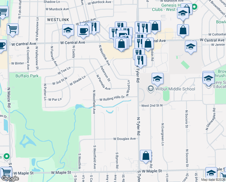 map of restaurants, bars, coffee shops, grocery stores, and more near 420 Pamela Street in Wichita