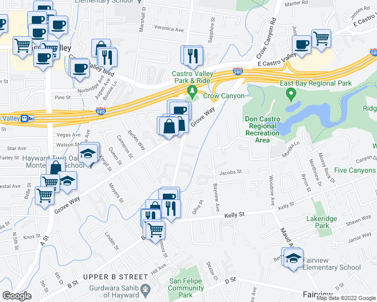 map of restaurants, bars, coffee shops, grocery stores, and more near 22154-22172 Center Street in Castro Valley