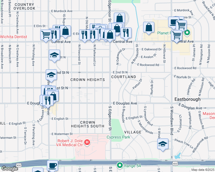 map of restaurants, bars, coffee shops, grocery stores, and more near 220 N Ridgewood Dr in Wichita