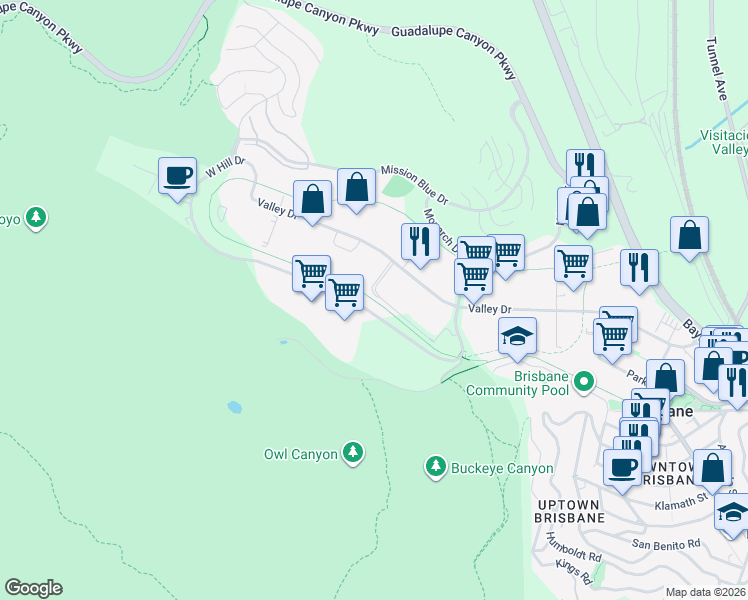 map of restaurants, bars, coffee shops, grocery stores, and more near Crocker Park Recreational Trail in Brisbane