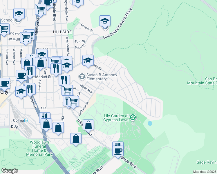 map of restaurants, bars, coffee shops, grocery stores, and more near 4 Cannery Square in Daly City